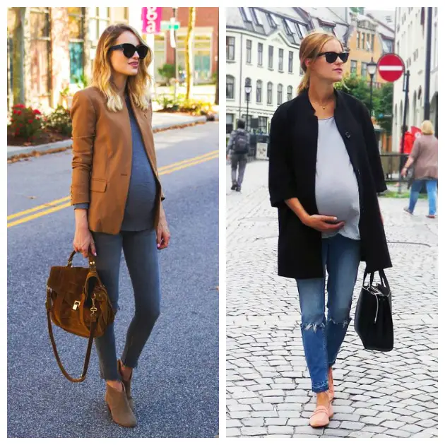 Dos mujeres embarazadas con distintos atuendos usando jeans