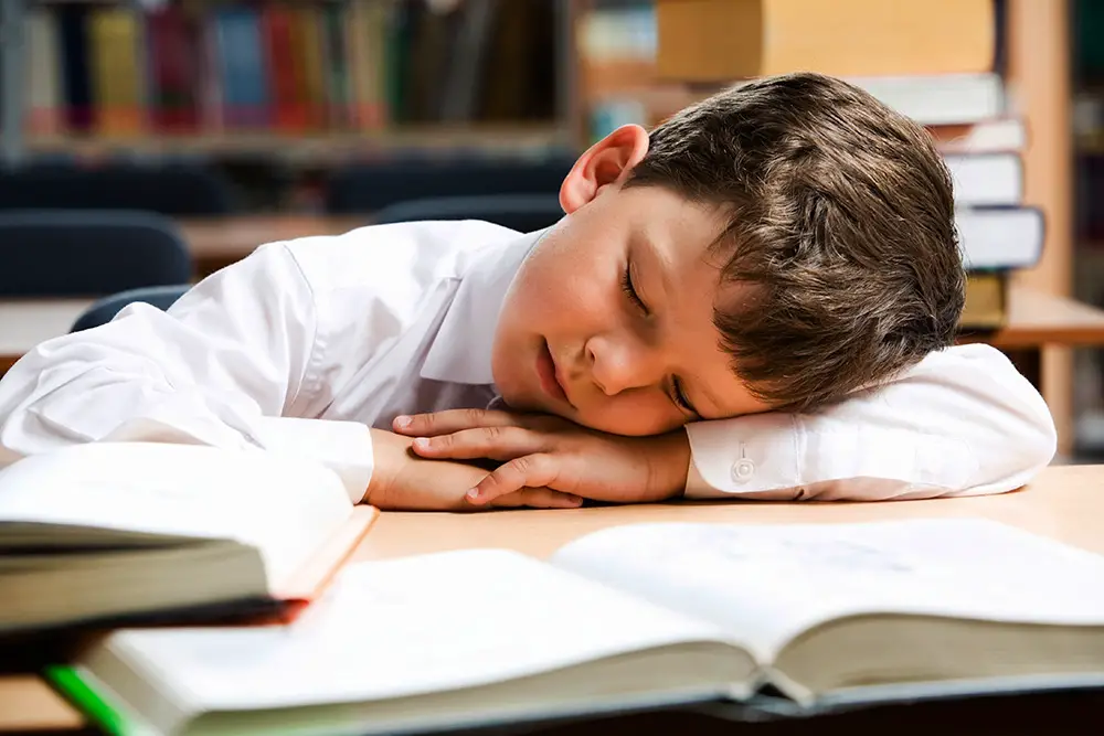 niño durmiendo en una biblioteca