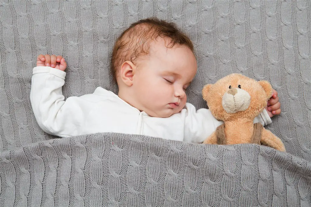 bebe durmiendo con un peluche