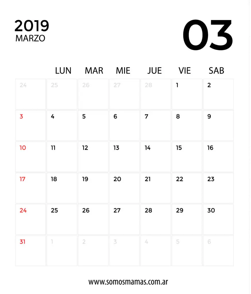 calendario 2019 marzo